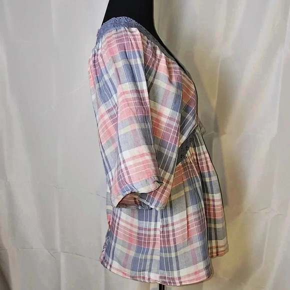 Free People Boho,Plaid/Lace Open Back Cottagecore Batwing Blouse XS - Picture 7 of 12